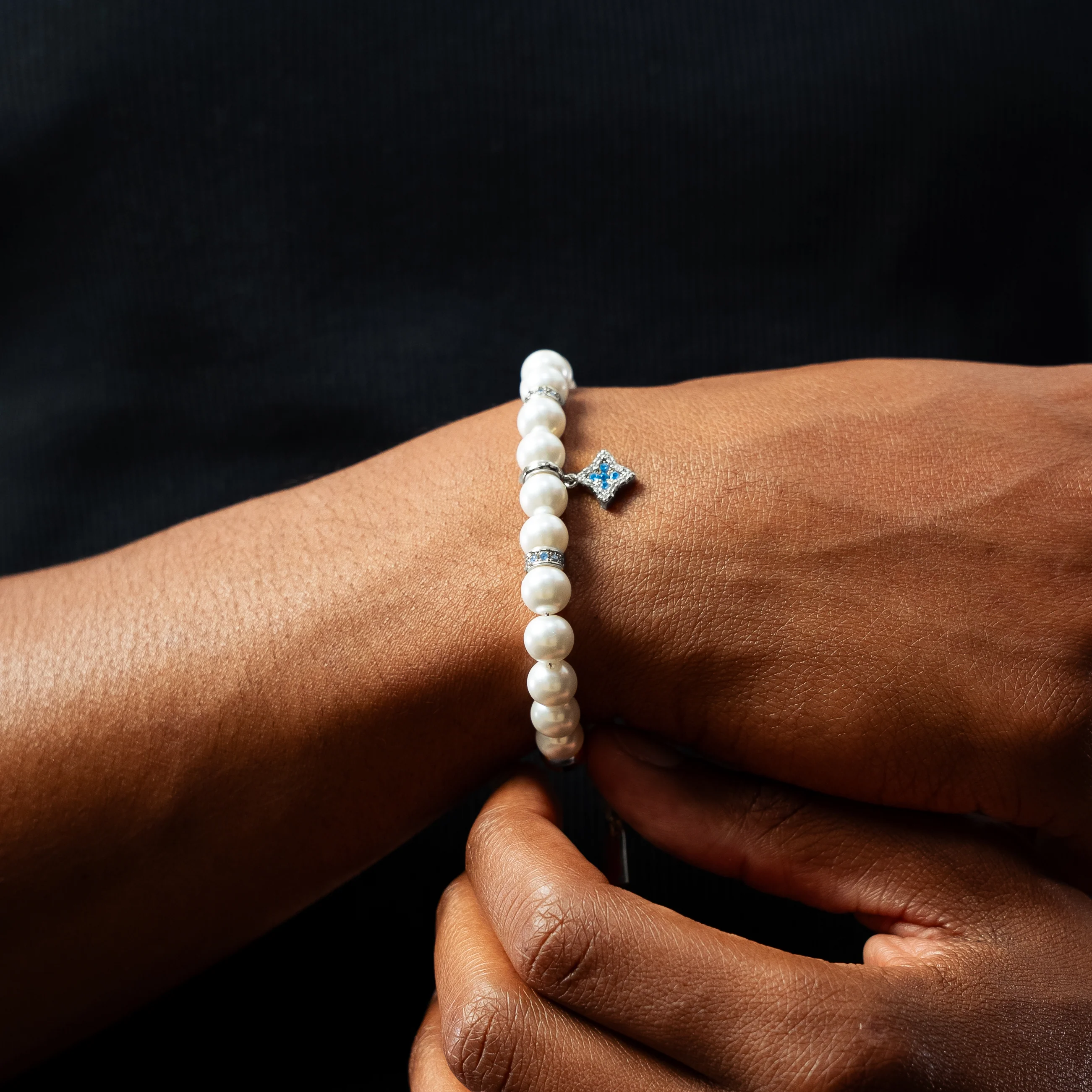 Bracelet Flower Pearl Argenté - Pierres Bleues - Image 2