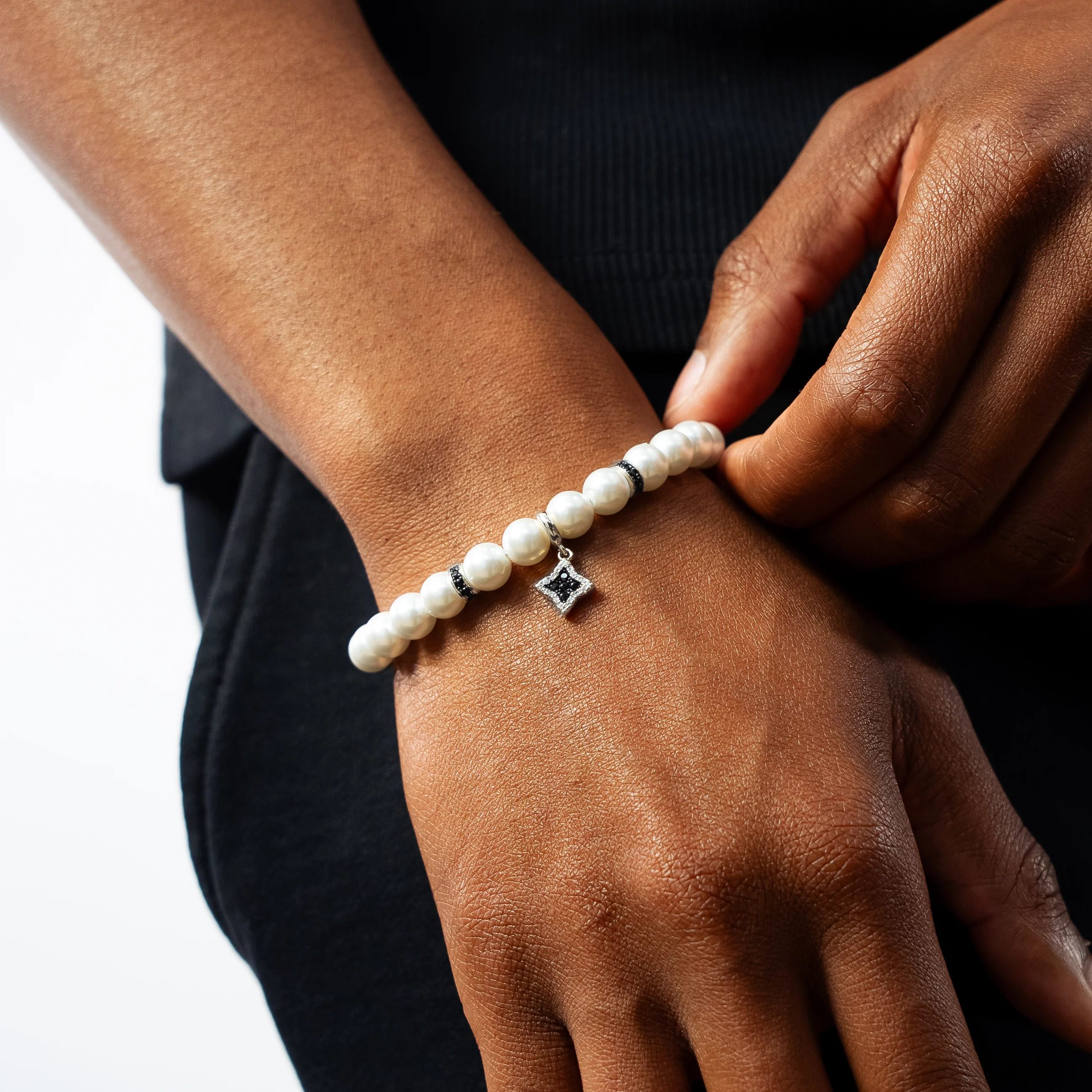Bracelet Flower Pearl Argenté - Pierres Noires - Image 2
