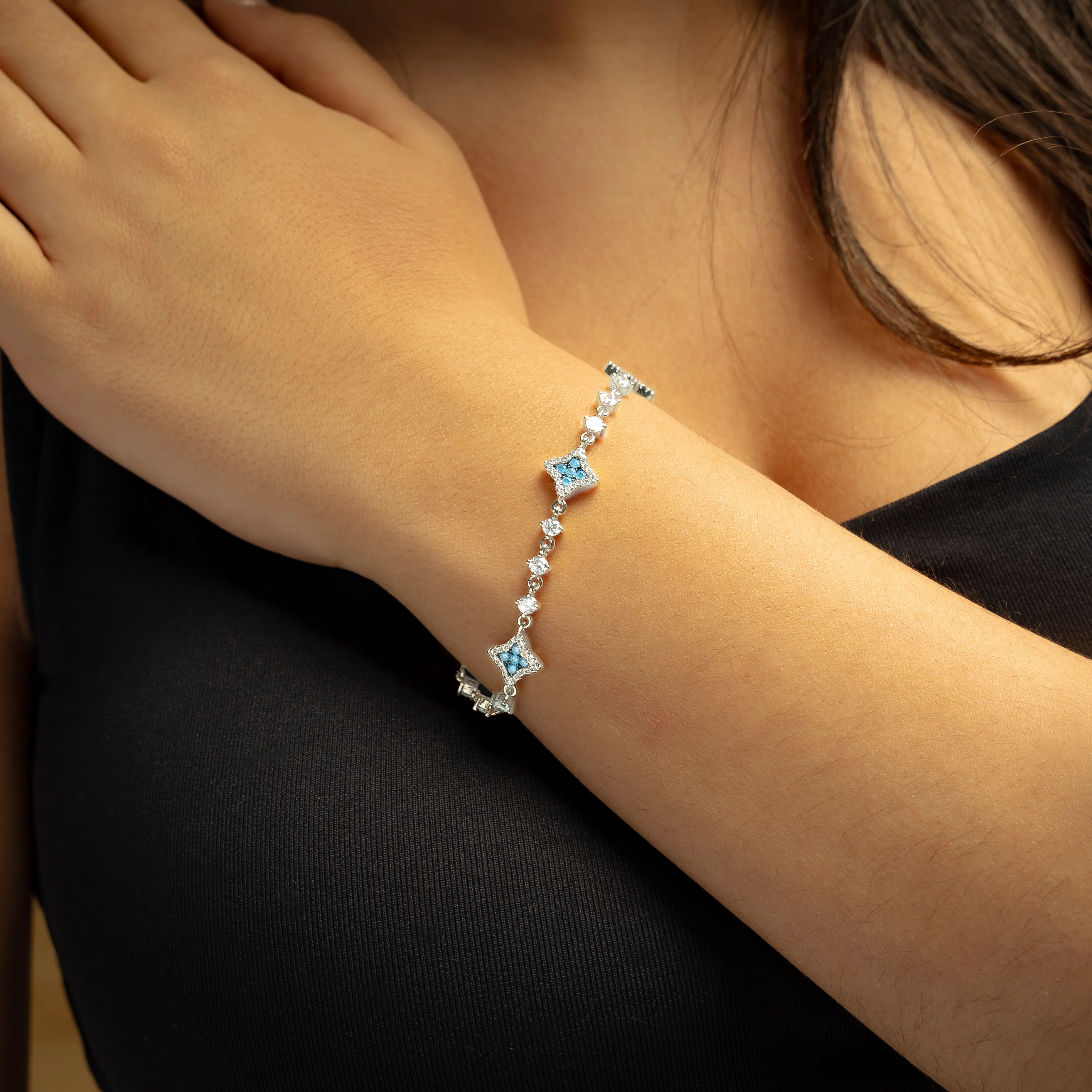 Bracelet Flower Tennis Argenté - Pierres bleues - Image 2