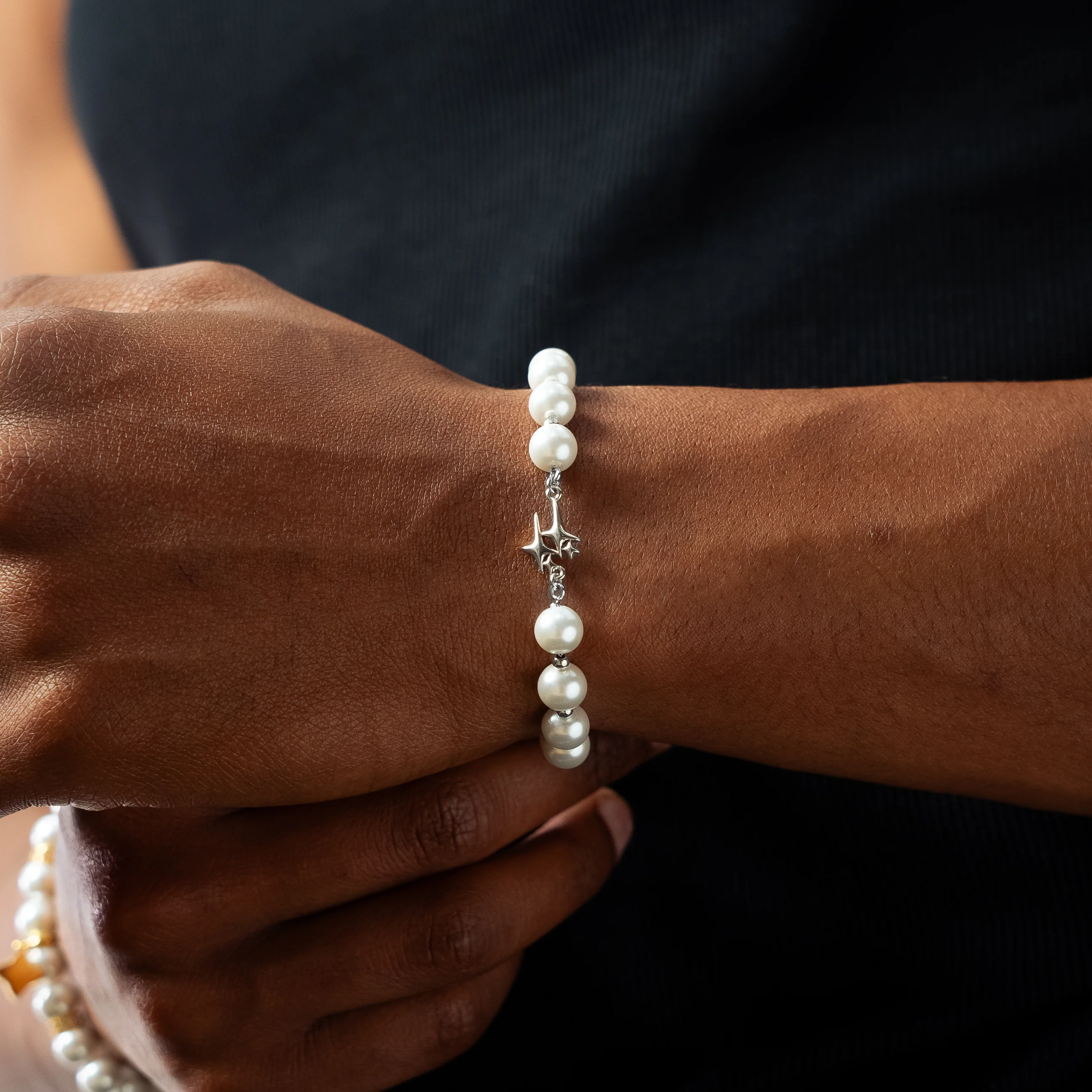 Bracelet Pearl Double Stars Argenté - Image 2